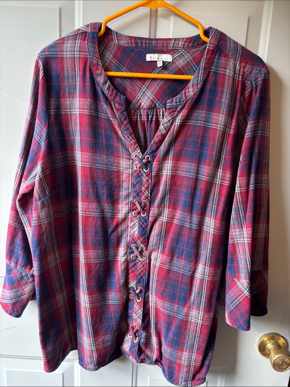 Skies Are Blue Red & Navy Plaid Tunic with cross cross detail